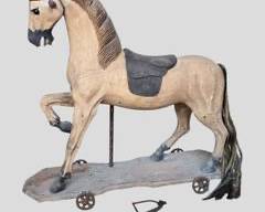 Antique Hand Carved Wood Platform Glass Eyes Wood Leather Saddle Folk Art Large Pull Toy Horse