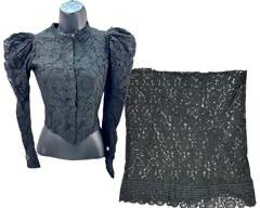 Antique Black Lace Victorian/Edwardian Ladies' Blouse (Shoulders 12" Chest 14") and Lovely Unfinished Black Lace Tatting Skirt with Grosgrain Ribbon Trim ( Waist 36" Length 38")