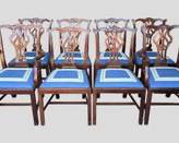 8 Solid Wood 20th C Chippendale Dining Chairs with High End Upholstered Linen Seats