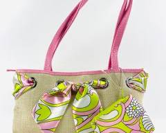SONOMA Life, PUCCI Inspired Straw Handbag With Scarf Trim, Pink Faux Croc Handles and Matching Change Purse