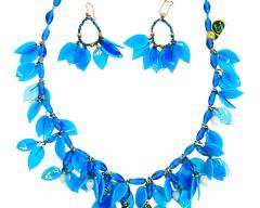 Murano Vintage Blue Venetian Glass Italian Leaf Statment Necklace w Earrings