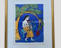 Alicia Leal Veloz Signed Lithograph 7/100 Lady with Pet Rooster In Giltwood Frame Folk Art