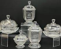 Antique EAPG MeKEE Stagged Pattern Circ 19th Century Deer Pine Tree Band Butter Dish With Lids and Footed Dish With Lid