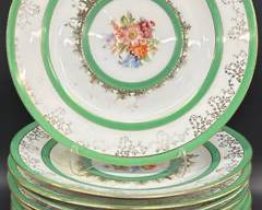 Fine EPIAG ROYAL CZECHOSLOVAKIA Emerald Green Floral Dinner Plates Set Of Twelve