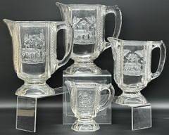 Set Of Four Antique EAPG MeKEE Stagged Pattern Circ 19th Century Deer Pine Tree Band Pitchers