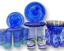 Vintage Blue and Clear Swirl Glass Plates, Tumbler Glasses, and Bowl Lot