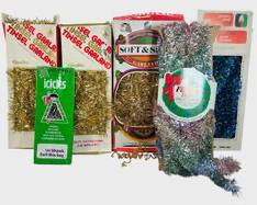 Vintage Tinsel Garland Decor Noel 18 in & 12 Ft Essex Franke 30 Ft , Double Glo 18 Ft and Fieste Trim 20 Ft, Garland Lot Old new stock