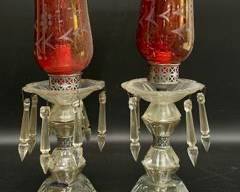 Pair Vintage Cranberry Glass Shade Hurricane Electrified Table Lamps with Crystal Prisms