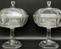Pair Antique EAPG MEKEE Stagged Pattern Circ 19th Century Deer Pine Tree Band Compote With Lids