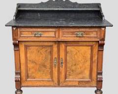 Antique Burlwood Column Side 2 Door 2 Drawer Marble Top Washstand Bun Foot Fancy Brass Pulls