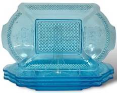 Set Of Four Antique EAPG McKee Stagged Pattern Circ 19th Century Blue Deer Pine Tree Band Diamond Bread Plates