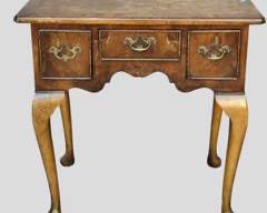 Vintage Lowboy Burlwood Table with 3 Drawers and Brass Hardware Queen Anne Style