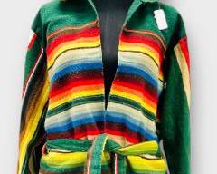 Vintage Mexican Serape Hippie Boho Hooded Jacket with Open Front, Long Sleeves, Patch Pockets and 1/8 Self-Belt,