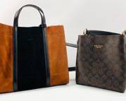 COACH and FOSSIL Lot of 2 Women's Handbags, COACH Bucket Bag has Brown and Black Signature "C" Motif with Goldtone Hardware and Black Straps. FOSSIL Tote is Brown Suede with Black Suede Panel, Exterior Pocket and Black Leather Hand and Shoulder Straps, Goldtone Hardware