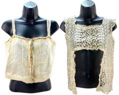 Lot of 2 Antique Cotton Muslin Ladies' Blouses with Lace Inset and Elbow Length Sleeves Shoulders 14", Chest 15"