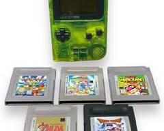 EXTREMELY RARE Nintendo Game Boy Pocket Extreme Green Limited Edition w/ x5 Collectible Games Including: The Legend Of Zelda Links Awakening, WarioLand Super Mario Land 3, WarioLand II, Super Mario Land 2, And Dragon Warrior Monsters