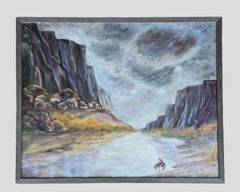 H.E. Read 1970 Signed Painting of Canyon landscape with Horse and Rider in Wood Frame