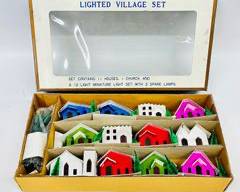 FANTASTIC RARE UNUsed Vintage Roebuck & Co Illinois Sears Putz Lighted Cardboard House Village Set In Box Japan