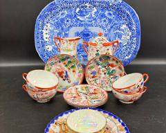 Large Porcelain blue and white Vintage Japanese Red Hand Painted Cups and Saucers with Creamer & Sugar bowl