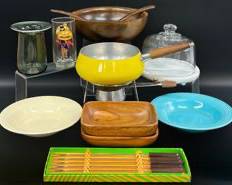 Mid Century Modern MCM FIESTA, MONKEY PAD, and DUTCH GARDEN Sald Bowl With Serving Utensils, Plates, Vase, Cup, and Fondue Set