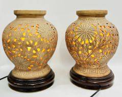 Art Pottery ceramic Openwork Asian Style Vases Turned Lamps On Wooden Base