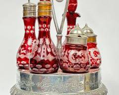 Antique Victorian cranberry, ruby, red etched Glass Cut to CLear Bohemia Cruet Set