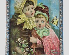 Lovely Victorian Print of Two Little Girls in Hand Carved Painted Wood Frame