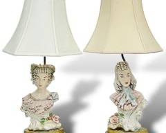 Two Fantastic Art Deco Boudoir Lady Head Porcelain Table Lamps on Brass base with Shades
