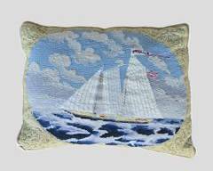 Fantastic Vintage Needlework Sailing Ship Accent Pillow