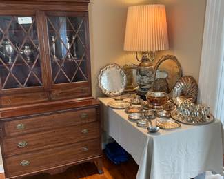 Overview of sterling and silver plate pieces available for in person purchase on Friday and Saturday