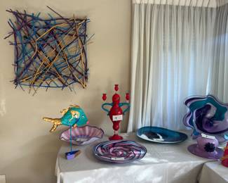 Overview of glass art available for in person purchase Friday and Saturday.