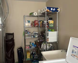 Metal shelving racks for sale. Each is 36"wide x 14"d x 72"h. For sale during in person sale hours Friday and Saturday.