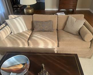 $480. Three seater sofa from Del-Teet. 82"w x 33"d x 24"h. Comfy neutral and in great shape. Available for online purchase Wednesday as per instructions in the sale details.