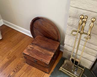 Fireplace tools, round wooden try and antique wood box available for in person purchase Friday and Saturday