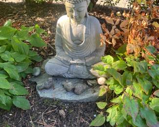 $80. Cement Buddha statue. 17"h. Available for online purchase Wednesday as per instructions in the sale details.