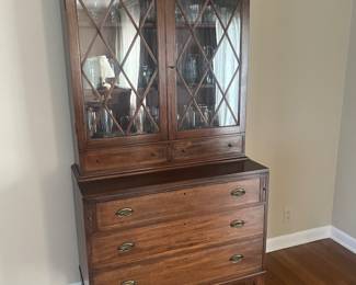 $520. Antique Secretary 38"w x 18"d x 82"h. Three drawers, pull-out writing tray and glass cabinet storage on top. Available for online purchase Wednesday as per instructions in the sale details.