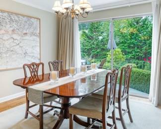 $1900 Antique Duncan Phyfe dining table and 6 antique Chippendale chairs. Table is 45"w x 72"l as shown x 29" h. Table has two 24" leaves and protective table covers.
Available for online purchase Wednesday as per instructions in the sale details.