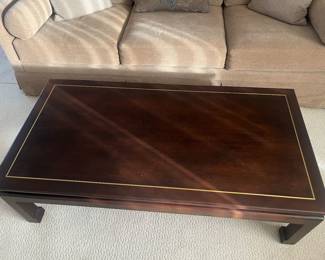 $290. Custom made low profile wood with gold inlay accent coffee table. 25.75" x 50.75" x 15"h. Available for online purchase Wednesday as per instructions in the sale details.