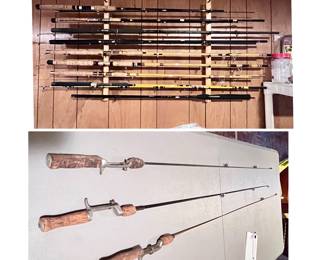 Fishing poles and three metal fishing poles.