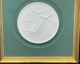 Retail $200. Our Price: $85. Vintage Royal Copenhagen Bas-Relief Plaque. This exquisite piece features a detailed winged angel and cherub, beautifully framed by Eddins Galleries in Dallas, perfect for adding classic charm to any decor.