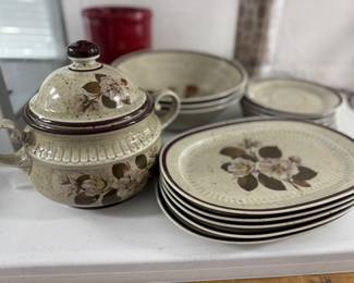 Retail $200. Our Price: $85. 19-Piece Floral Stoneware Set by Johann Haviland. This set includes plates, bowls, and a lidded soup tureen, featuring a speckled glaze and floral motif, made in Germany.