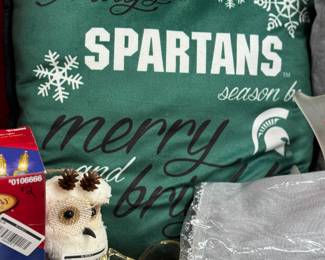 Retail $25.00. Our Price: $2. Spartans Holiday Pillow. Cozy decorative pillow with a festive Spartans theme for the holiday season. With tags