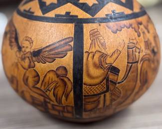 Retail $40. Our Price: $7. Handcrafted Gourd Nativity Scene. Beautifully detailed gourd featuring a nativity design with stars and angels.