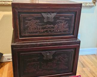 pair of antique Chinese hand-carved storage boxes