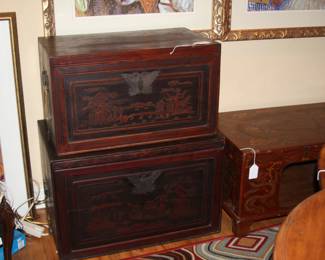 pair of antique Chinese hand-carved storage boxes