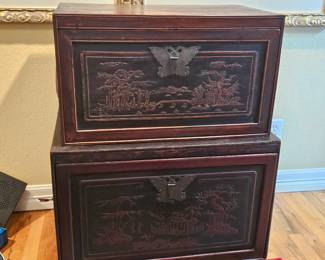 pair of antique Chinese hand-carved storage boxes