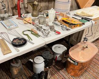 vintage enamelware and kitchen items