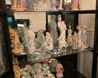 18th century statue, Tea set, Victorian figurines, oriental figures, clown with monkey, whales.