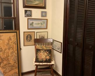 Vintage foot stool, pillows, chair and many framed pictures and oil paintings.