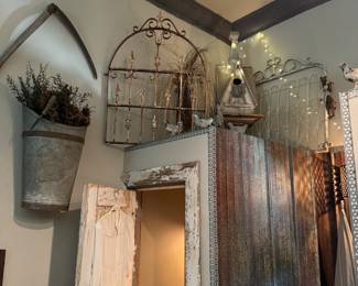 French galvanized grape picking basket, garden gates, birdhouse, scythe 